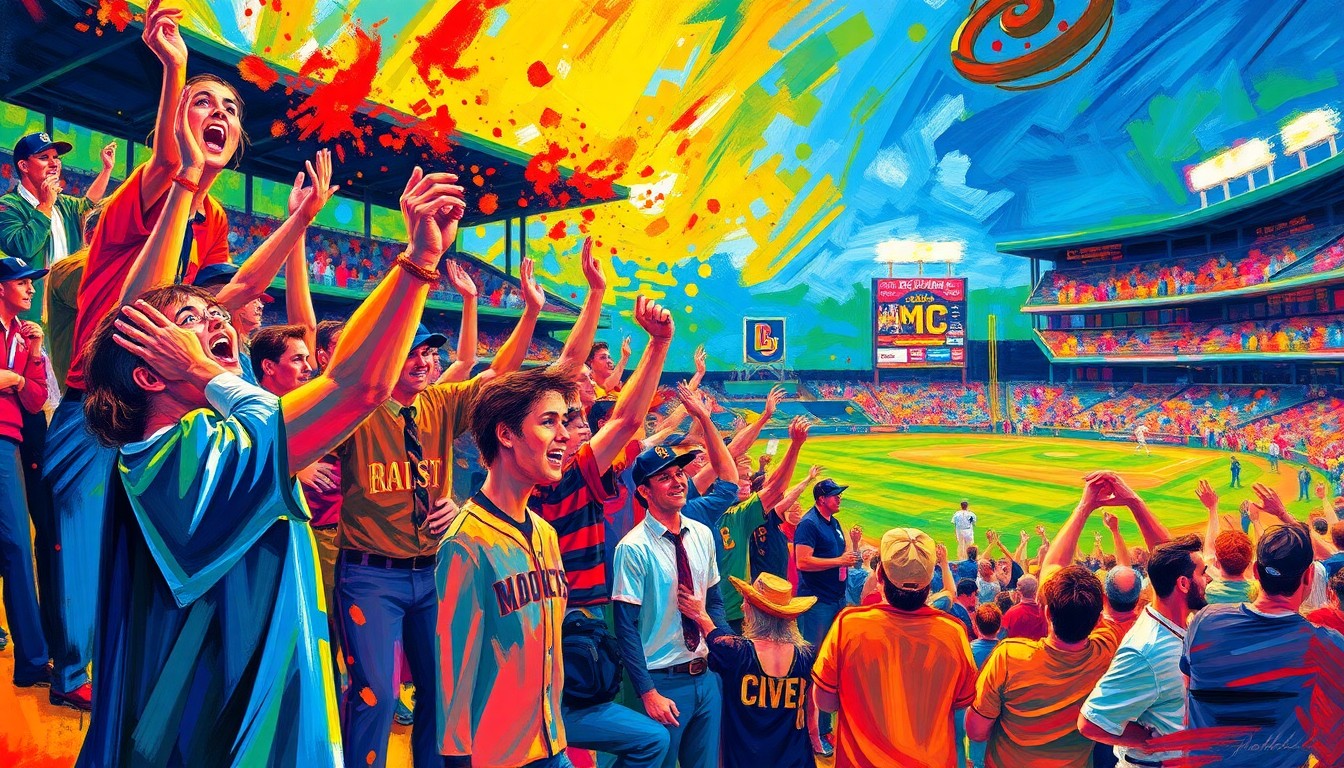 An abstract expressionist painting in vibrant neon colors, with rapid brushstrokes conveying the excitement and enthusiasm of a minor league baseball crowd at a stadium.