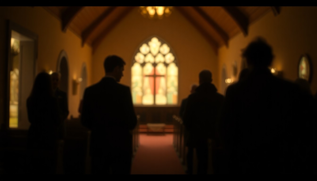 An extremely abstracted, out-of-focus photograph in warm tones, depicting a blurred interior scene with soft lighting and silhouettes, conceptually representing the comforting atmosphere of a small-town church community.