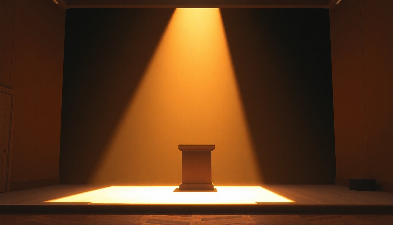 A warm, cinematic painting of an empty town hall stage, with diagonal sunlight and deep shadows, conveying a sense of quiet contemplation and community engagement.