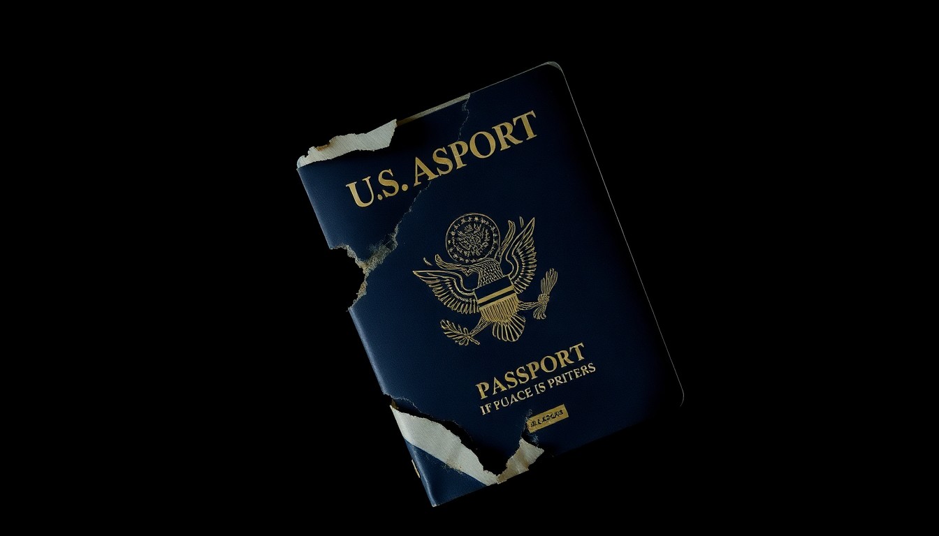 An extreme close-up of a shredded, partially burned U.S. passport cover reflecting the harsh light of a camera flash, conceptually representing the disruption of an illegal document forgery scheme.