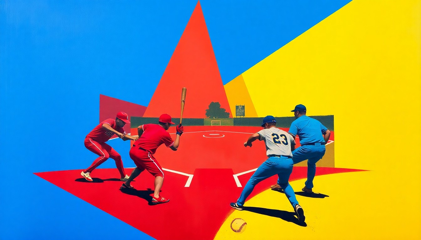 A fractured, geometric painting in bold colors depicts the action and movement of a softball game, with players and the field abstracted into sharp, overlapping shapes.