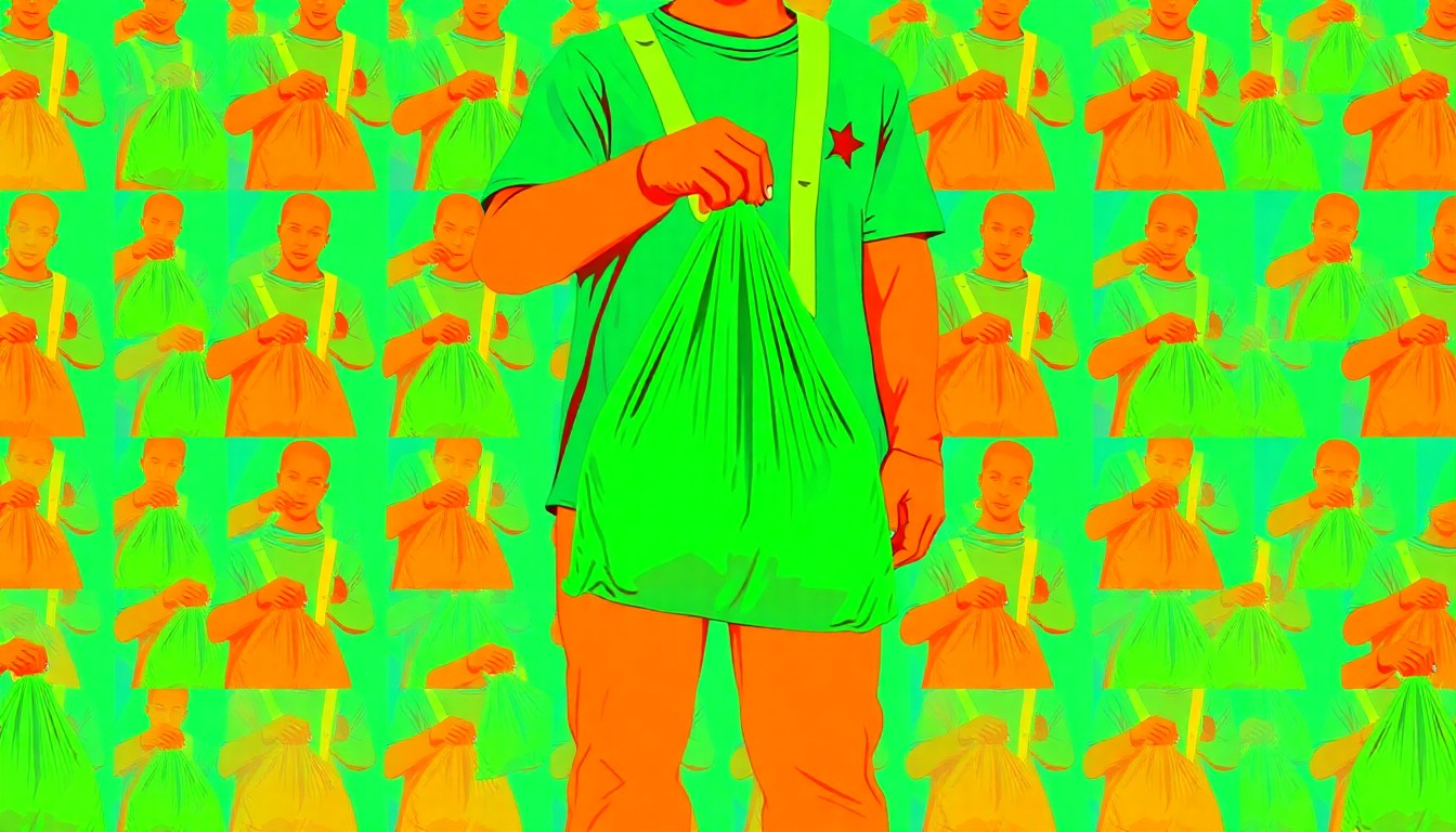 A brightly colored, high-contrast silkscreen print of a person holding a trash bag, the image repeated in a tight grid pattern to create a modern pop art representation of community service.