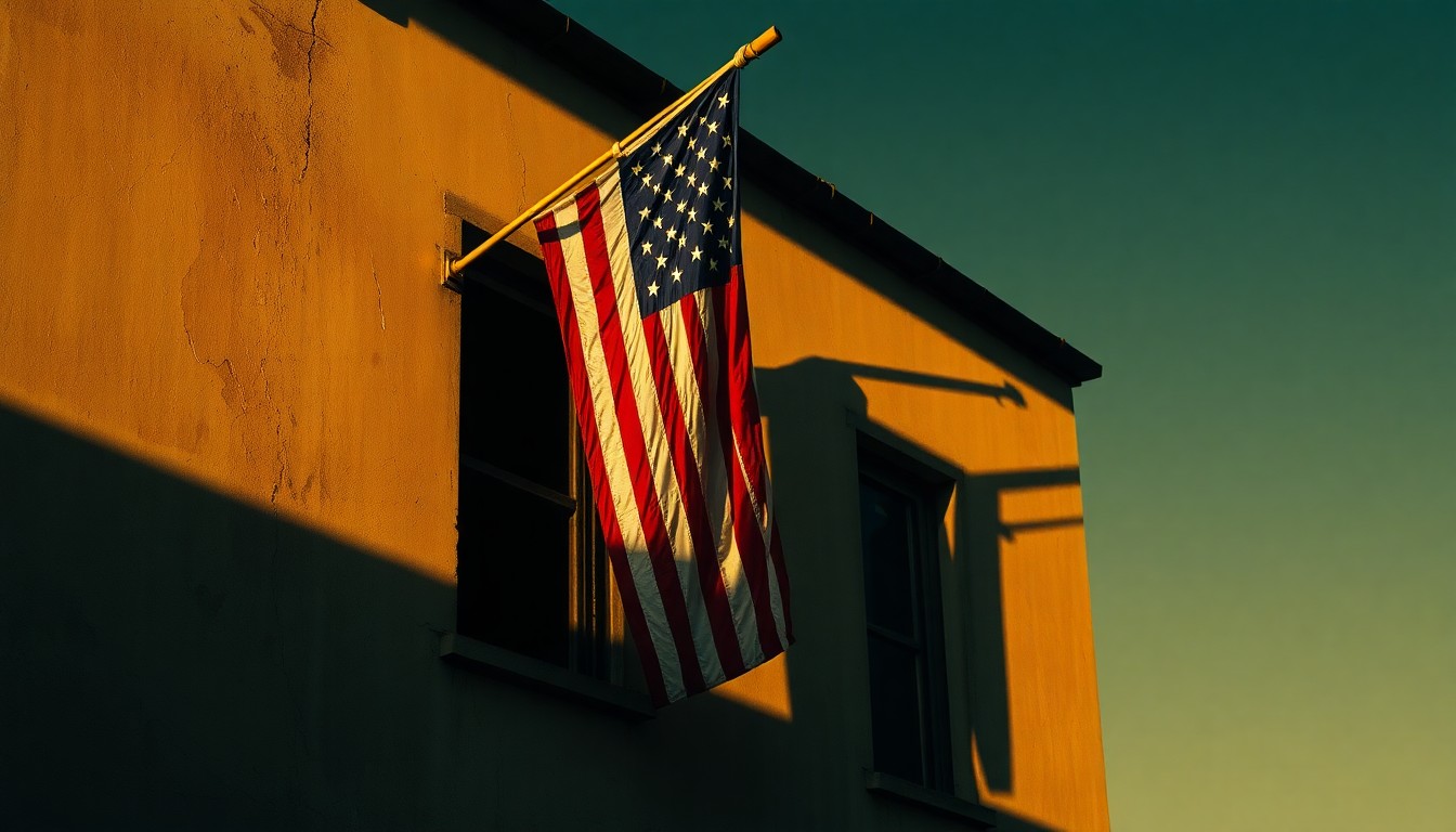 A solitary, weathered American flag hanging limply on a dilapidated building, the warm sunlight and deep shadows creating a cinematic, nostalgic mood that reflects the op-ed's themes of neglect and forgotten sacrifice.