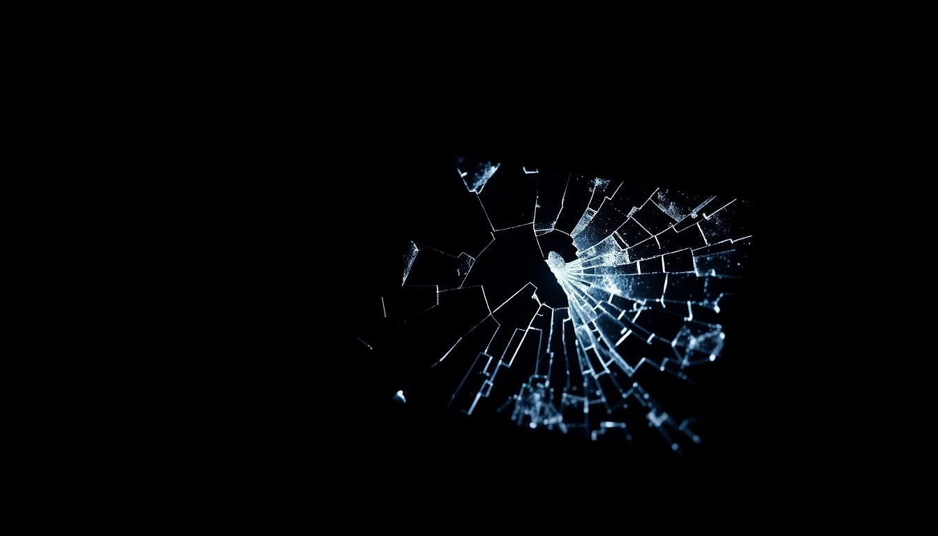 An extreme close-up of a cracked and shattered smartphone screen, lit by a harsh, direct camera flash against a pitch-black background, conceptually representing the dangers of distracted driving.