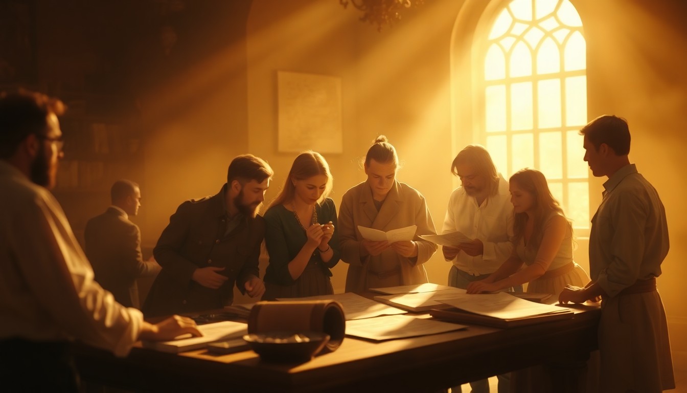 An abstracted, out-of-focus photograph showing a group of people gathered around a table, discussing historical documents and artifacts in a warm, dreamlike setting that captures the reverence and nostalgia of the Daughters of the American Revolution's mission.