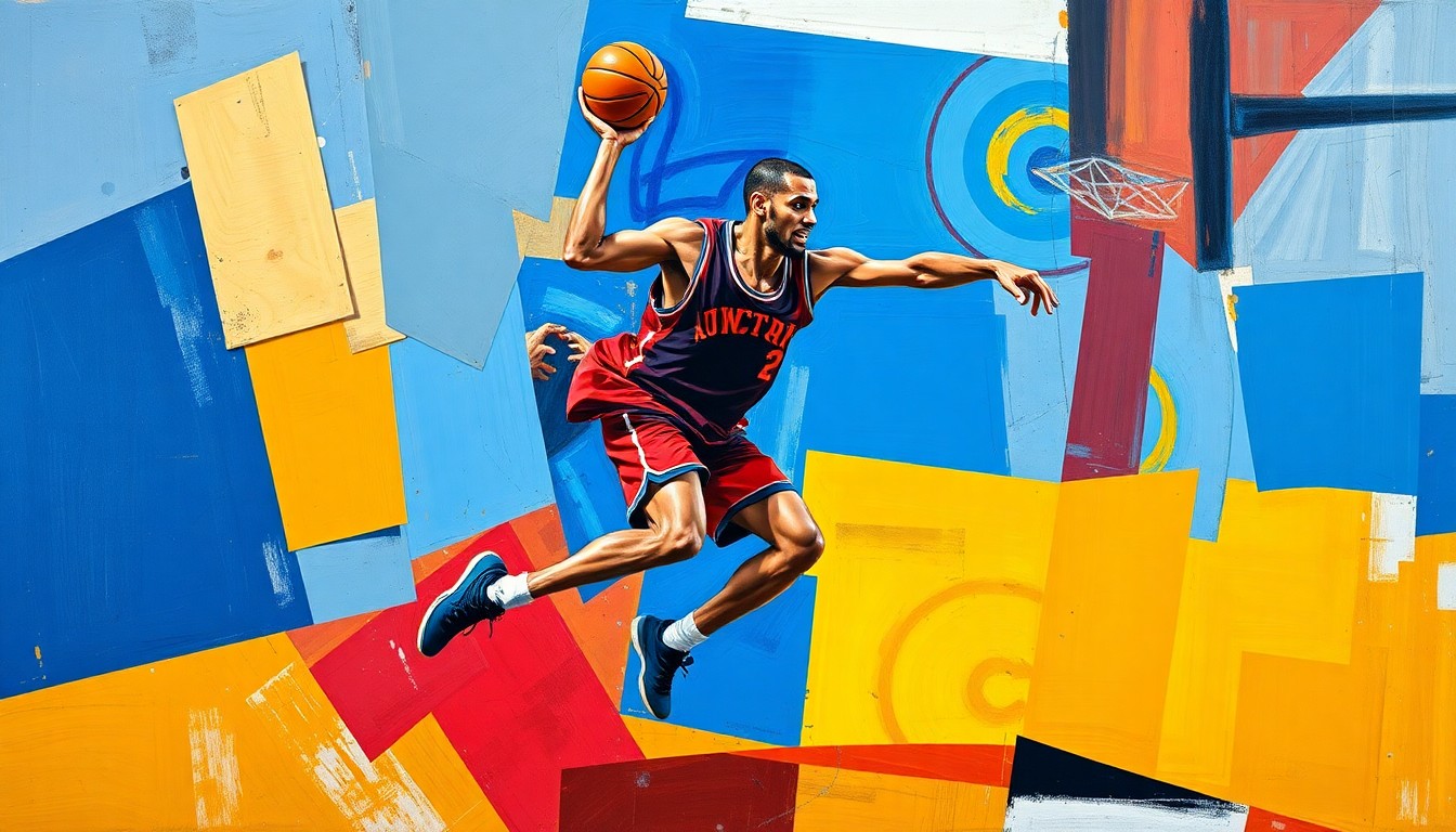A cubist-style painting featuring fragmented, geometric shapes in vibrant colors that abstractly represent a basketball player's movements and actions on the court.