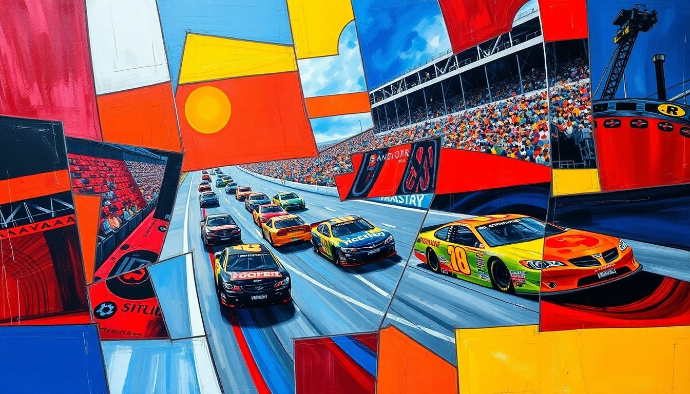 A cubist, geometric painting depicting a NASCAR stock car race at Bristol Motor Speedway, with the vehicle and track broken down into overlapping planes of bright, vibrant colors.