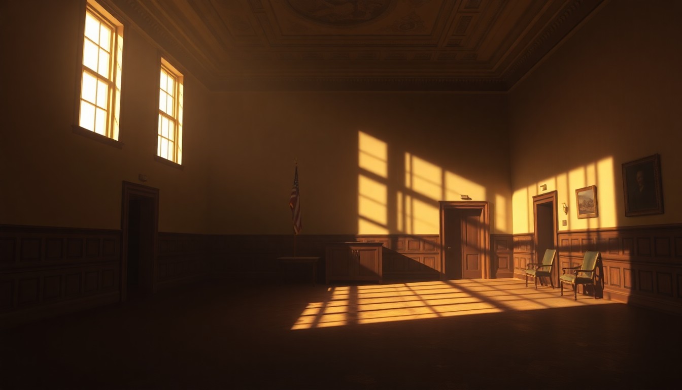 A dimly lit, cinematic interior space with warm sunlight streaming through windows, creating deep shadows and a sense of solemnity, conveying the gravity of the political and legal issues surrounding access to abortion medication.