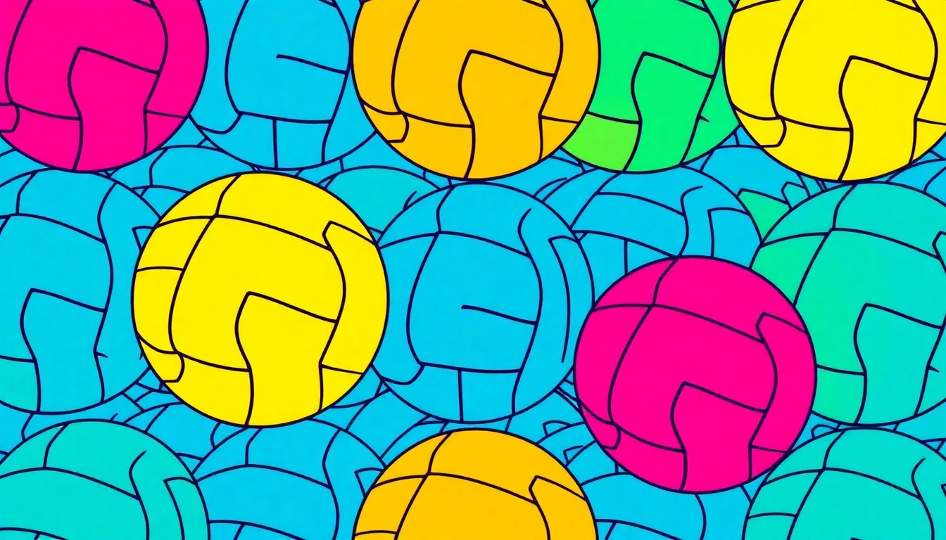 A highly stylized, abstract image composed of repeating silkscreen-style patterns of a volleyball in bright neon colors, conceptually representing the excitement and community spirit surrounding a school district's sports programs.