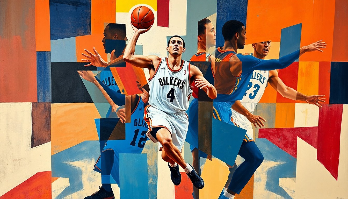 A fragmented, cubist-style painting depicting the blurred, geometric movements of a basketball player, conveying the energy and dynamism of the sport.