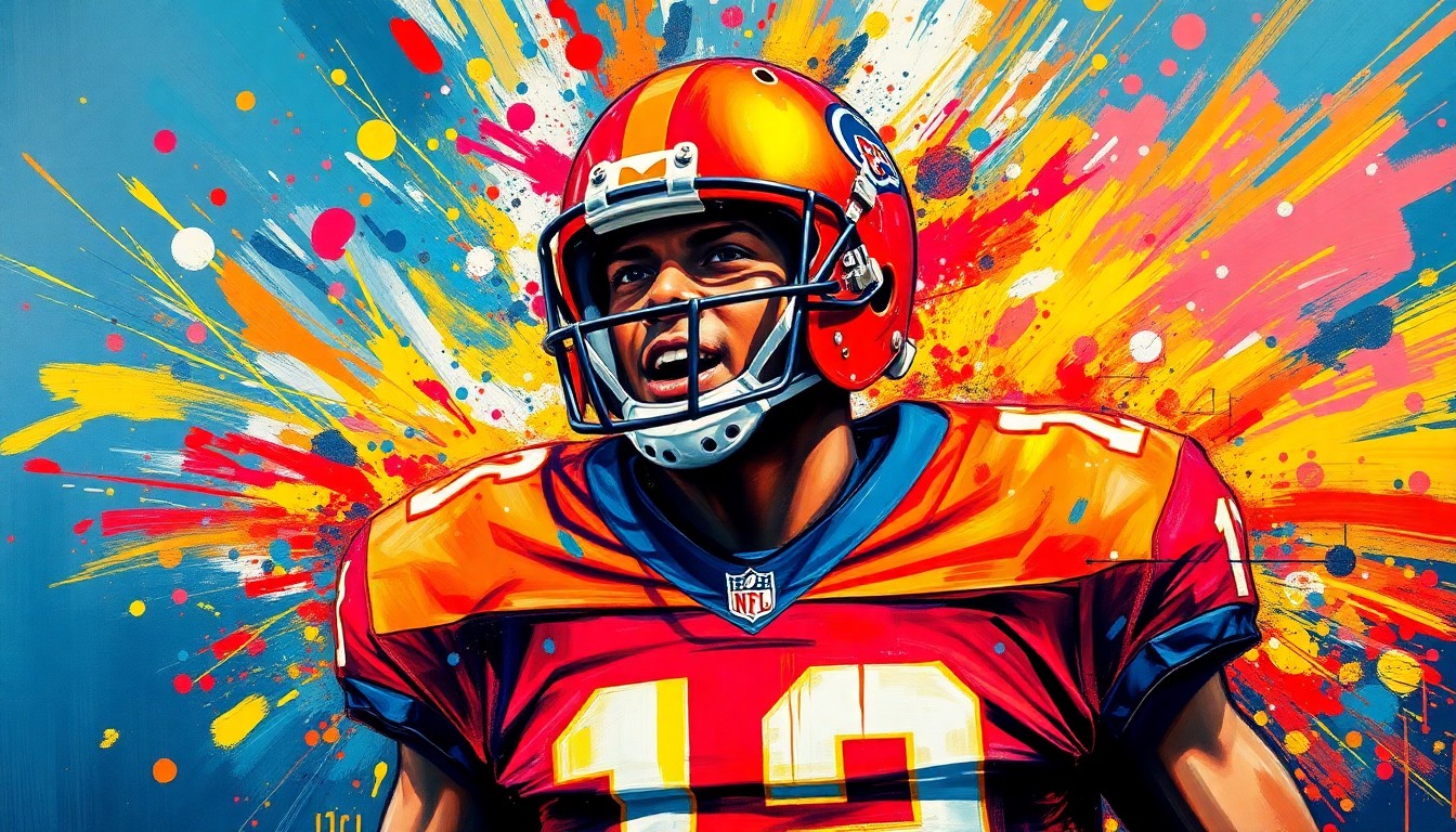 An abstract expressionist painting featuring bold, energetic brushstrokes in neon colors that capture the raw emotion and excitement of a young football player about to be drafted into the NFL.