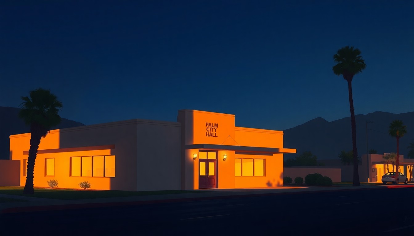 A serene, cinematic painting of a lone municipal building in Palm Springs, its facade and entrance bathed in warm, golden light and deep shadows, conceptually representing the city's deliberations over its mayoral selection process.