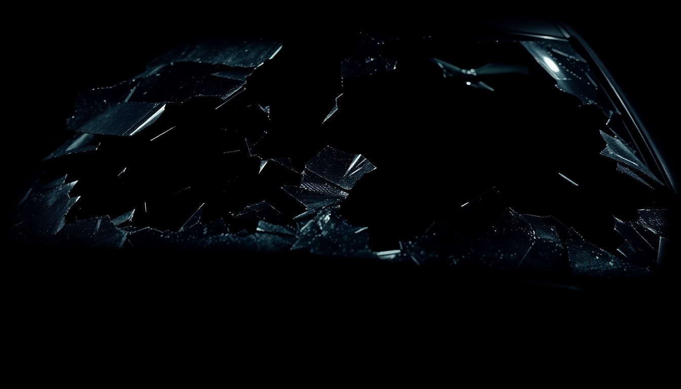 An extreme close-up photograph of a car's crumpled metal frame, lit by a harsh direct flash against a pitch-black background, conveying a stark, gritty, and investigative aesthetic without depicting violence.