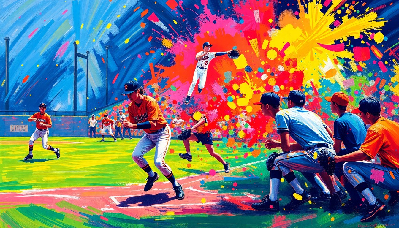 An abstract, expressionist painting in vibrant neon colors, capturing the dynamic motion and energy of a high school baseball game, with players' forms dissolving into bold, textured brushstrokes.