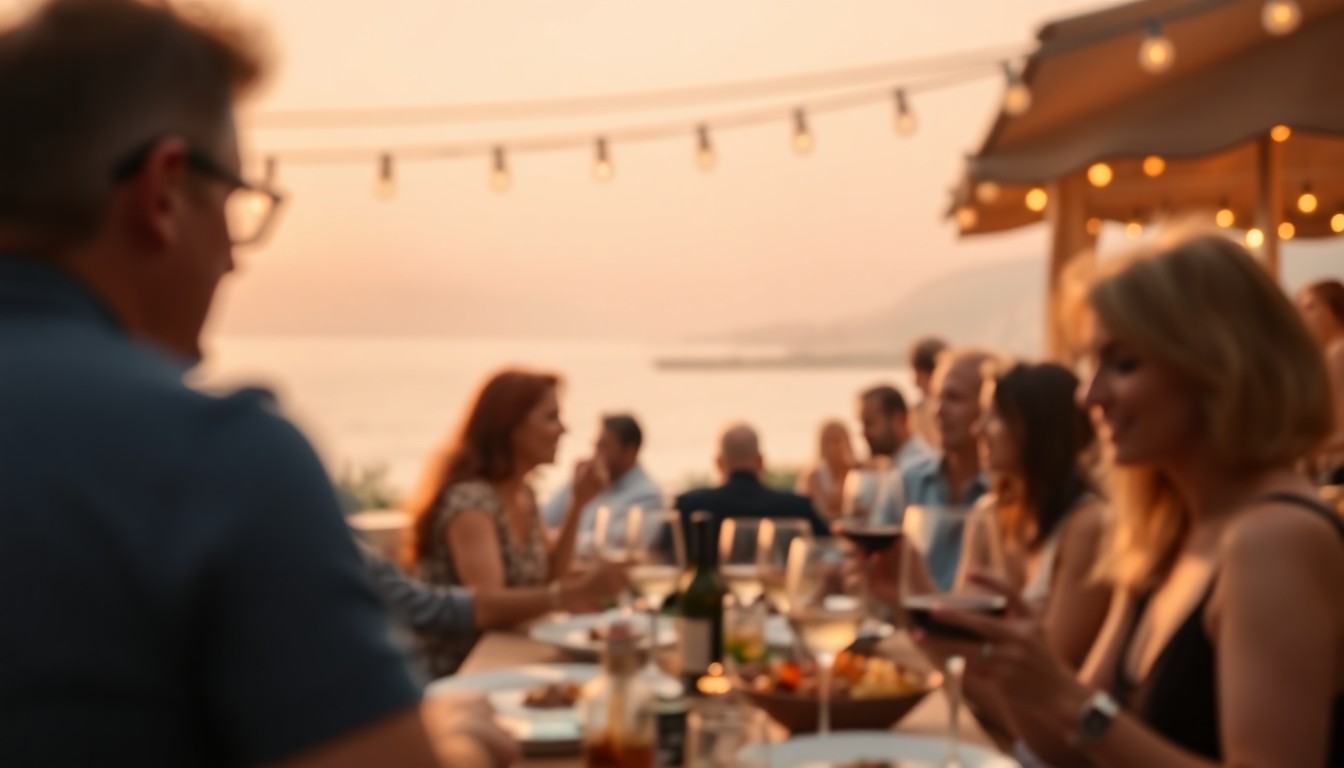 An abstract, out-of-focus photograph in warm, hazy tones depicting a blurred scene of people enjoying food and wine at an outdoor festival, with the iconic Monterey coastline visible in the background, conceptually representing the vibrant and immersive experience of the Pebble Beach Food & Wine Festival.