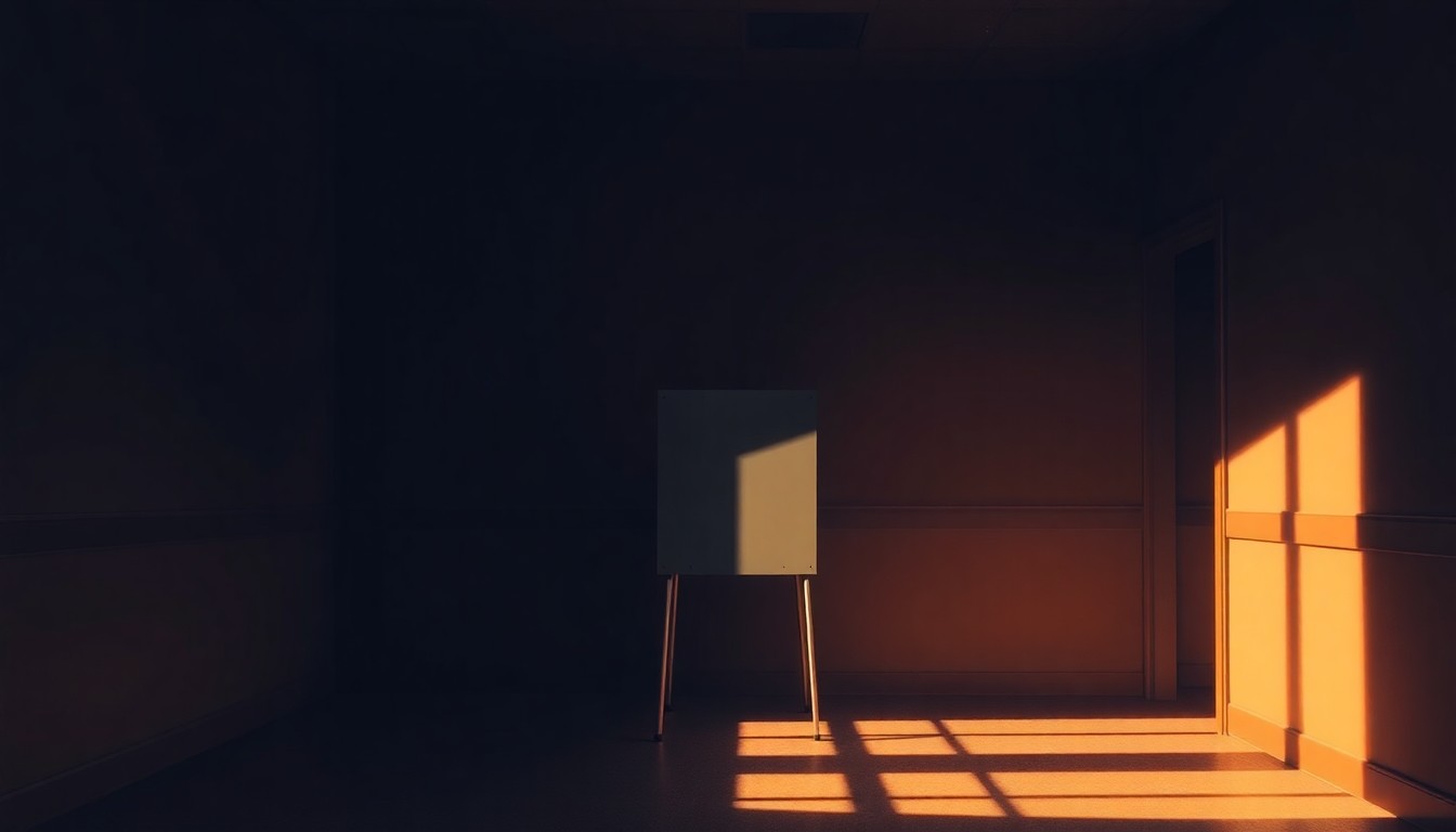 A dimly lit, cinematic painting of a lone voting booth in a government office, with warm sunlight casting dramatic shadows across the scene, conveying the gravity and significance of the upcoming redistricting referendum.