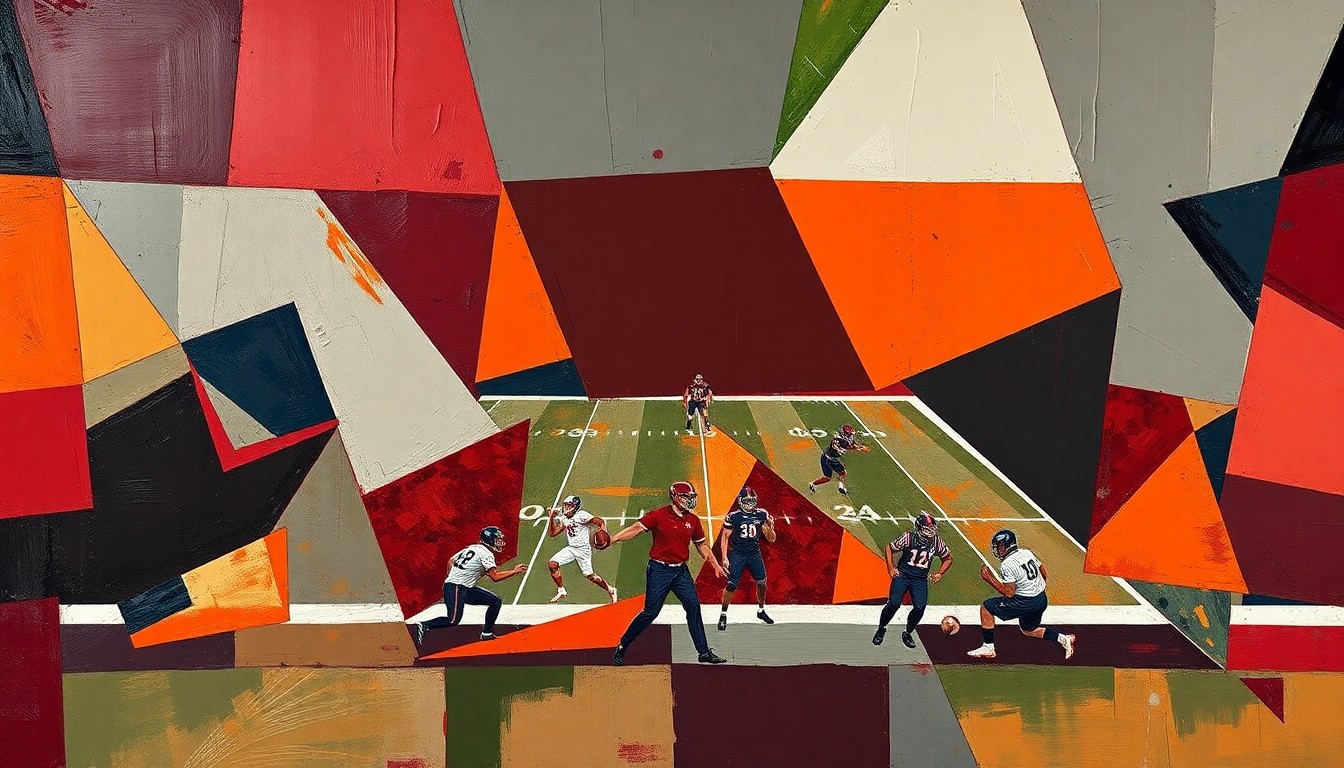 A fragmented, geometric painting depicting a football field and players, rendered in a cubist style using sharp, overlapping planes of burgundy, orange, and grey tones to convey the complex transition process for a new college football coach.