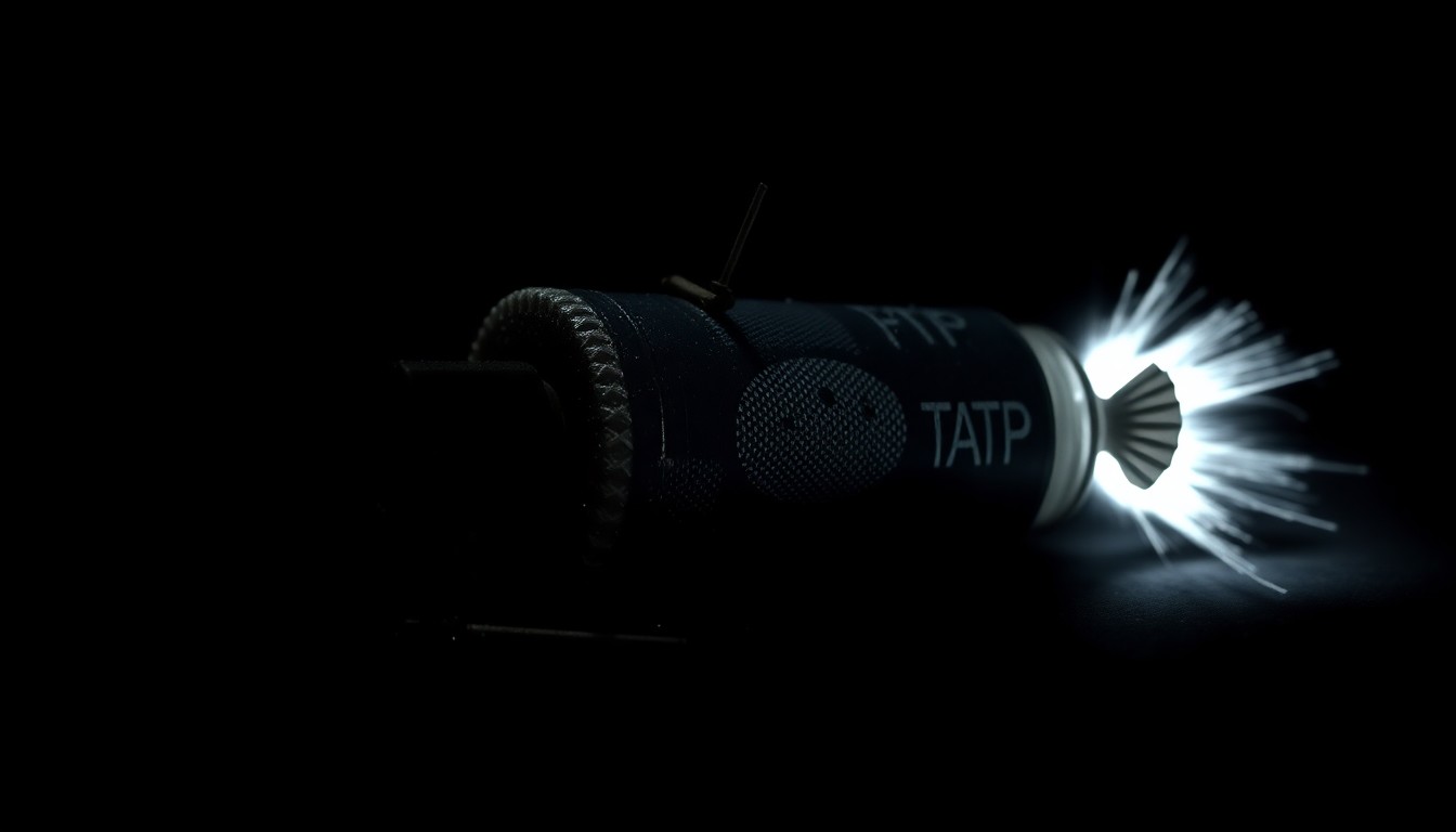 An extreme close-up photograph of a homemade explosive device with TATP compound and shrapnel, lit by a harsh, direct camera flash against a pitch-black background, conceptually illustrating the gritty details of a foiled terror plot.