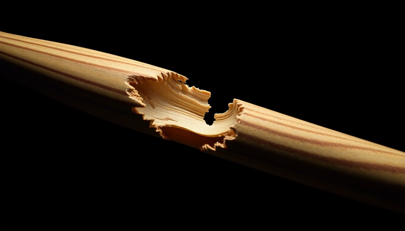 An extreme close-up photograph of a shattered baseball bat against a pitch-black background, conveying the tragedy and violence of a fatal police shooting through the fractured and splintered wooden edges.