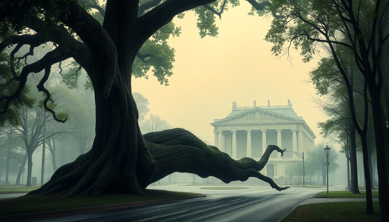 A sweeping, atmospheric landscape painting depicting a massive fallen tree trunk blocking a city street, with the distant Keller Auditorium barely visible through a hazy fog, conveying the overwhelming scale of nature in an urban environment.