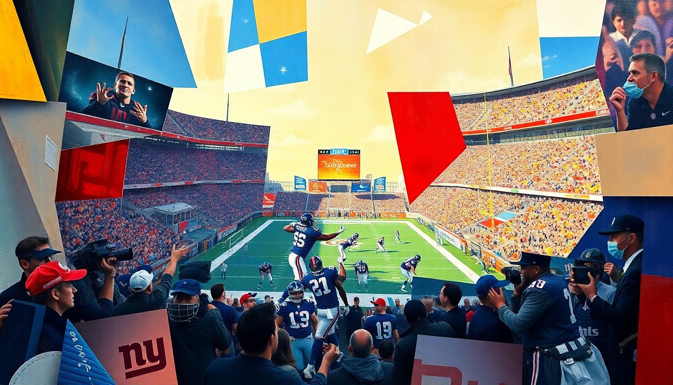 A cubist, geometric painting depicting fragmented, overlapping shapes and planes representing a football game, conveying the uncertainty and transition in the Giants' defensive backfield.