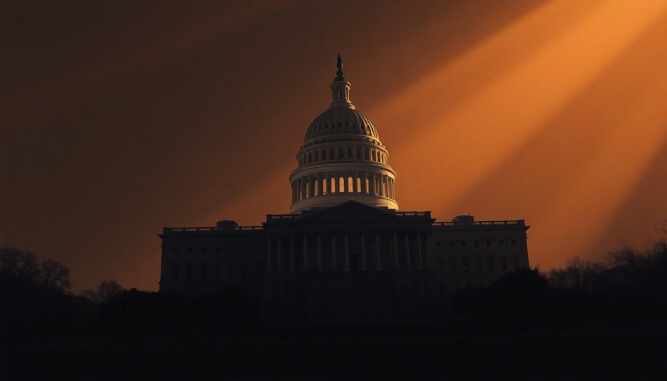 A serene, cinematic painting of the U.S. Capitol building in warm, muted tones, capturing a sense of political nostalgia and the quiet power of government institutions.