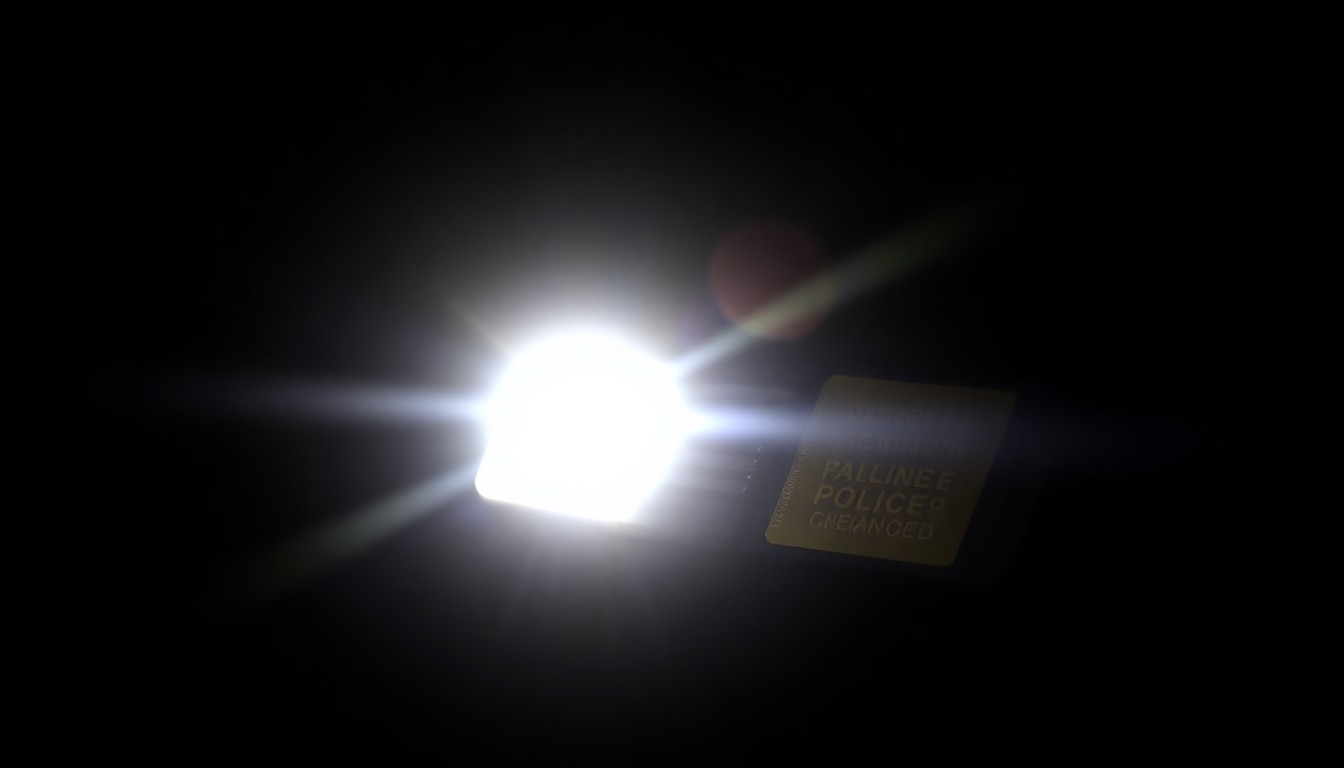 An extreme close-up photograph of a police radio or other law enforcement equipment, lit by a harsh, direct camera flash against a pitch-black background, creating a stark, gritty, investigative aesthetic.