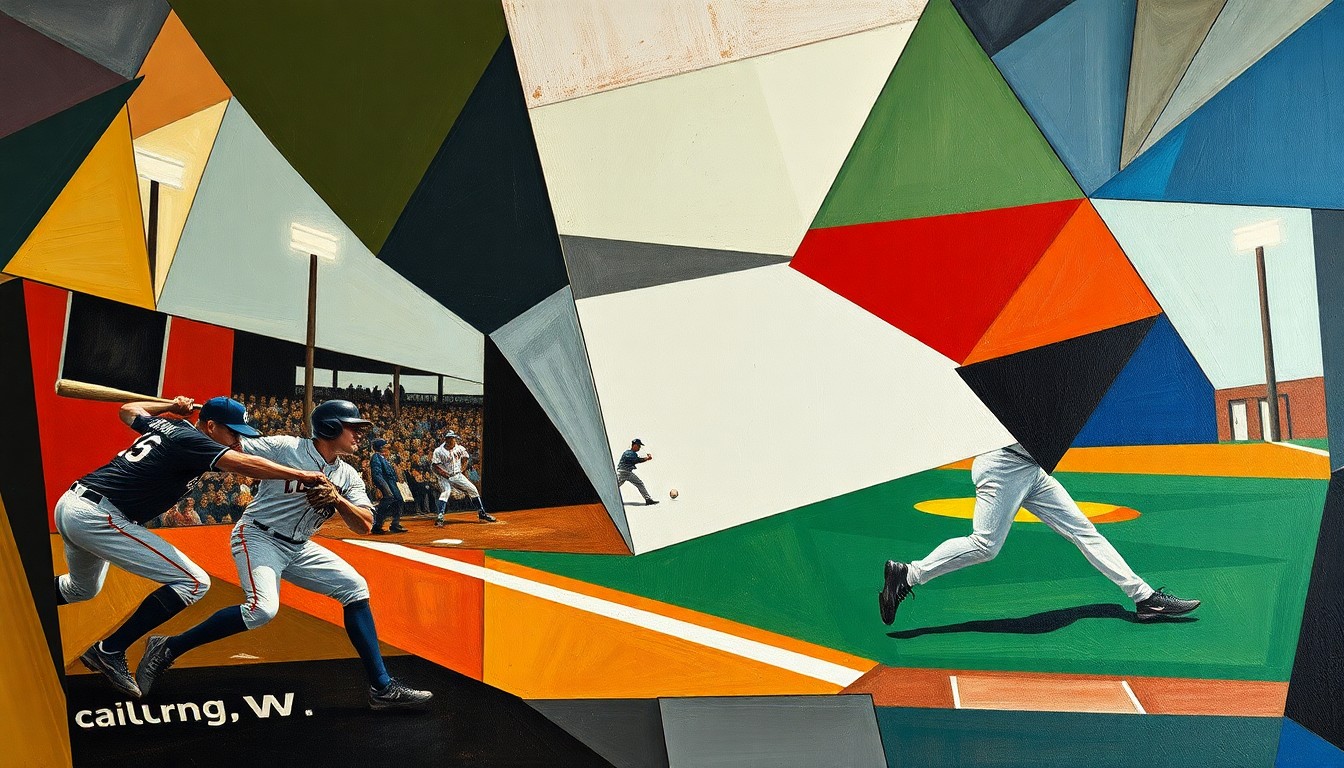 A cubist painting with sharp, overlapping geometric planes in shades of blue, green, and red, abstractly depicting a baseball game in motion and the fragmented nature of player injuries.