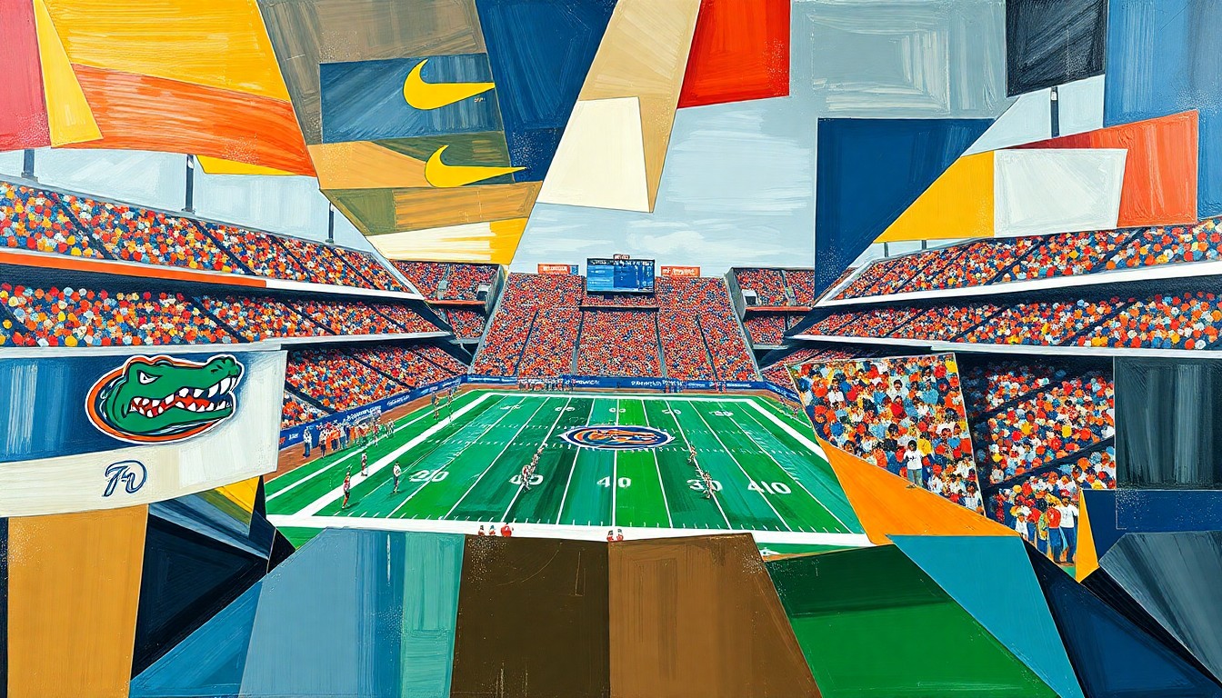 A cubist, geometric painting depicting a Florida Gators football game, with players and the field broken down into sharp, overlapping shapes and planes in a vibrant color palette.