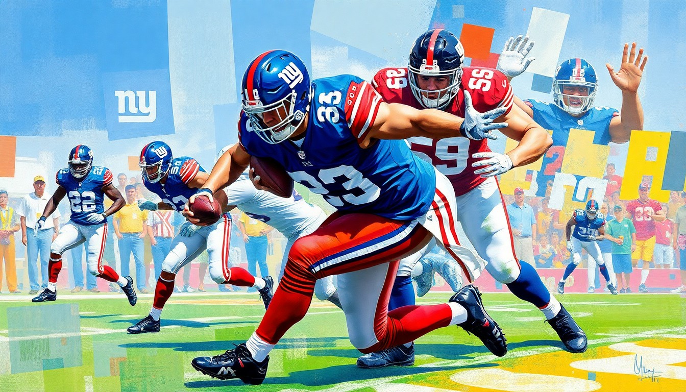A cubist-style painting depicting a defensive tackle making a tackle, with the player's body broken down into sharp, overlapping geometric shapes in the Giants' blue and red colors, conveying the fragmented nature of the contract dispute.