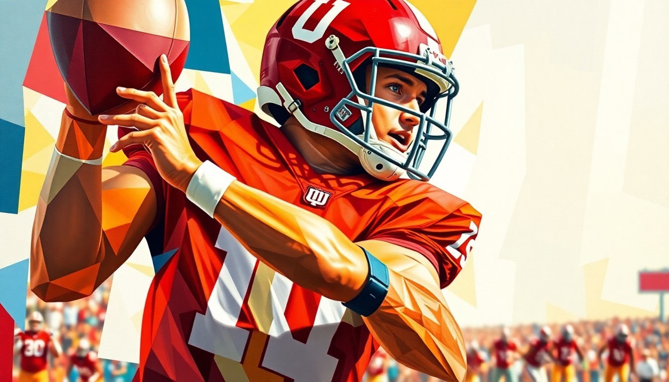 An abstract, cubist-style painting depicting a college football quarterback making a game-winning play, with the player's form broken down into sharp, overlapping geometric shapes and planes in vibrant crimson and cream colors.