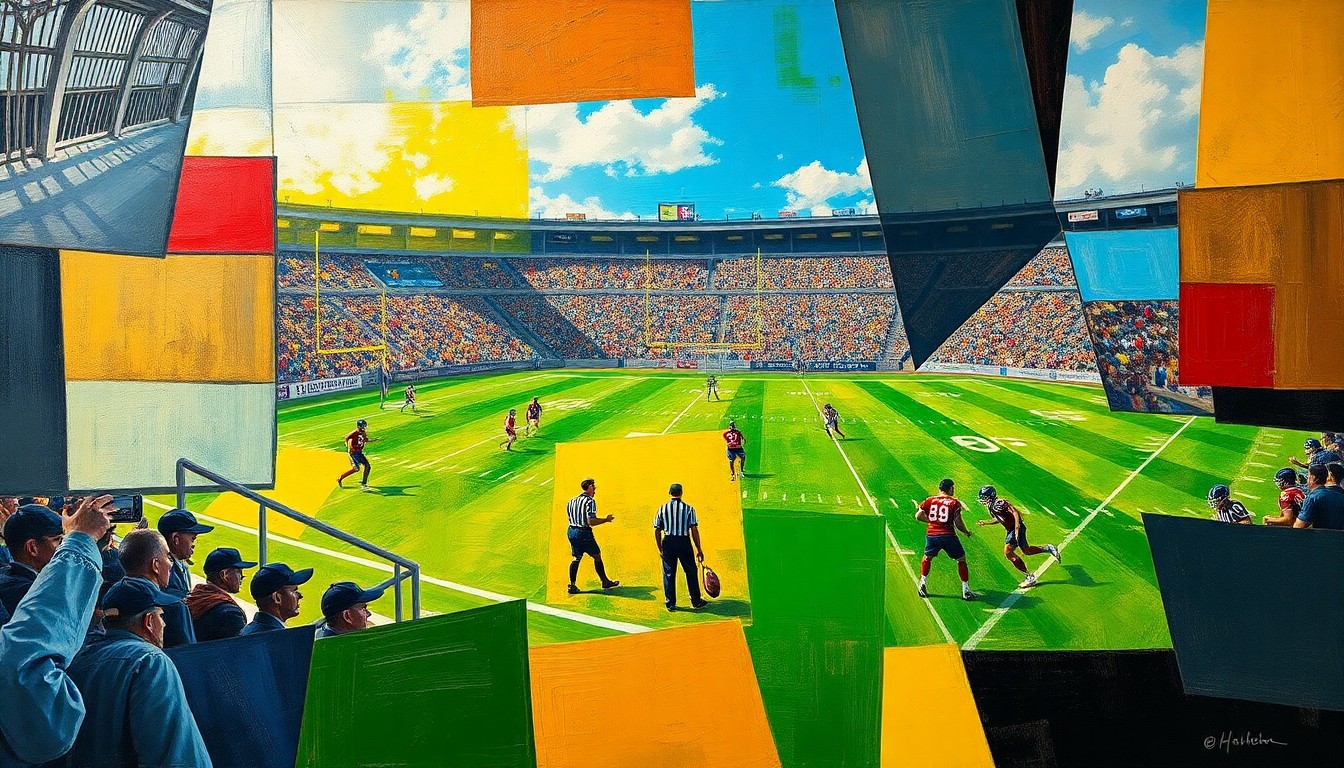 A fragmented, cubist-style painting depicting a football practice scene, with players' bodies and equipment broken down into sharp, overlapping geometric forms in a vibrant color palette.