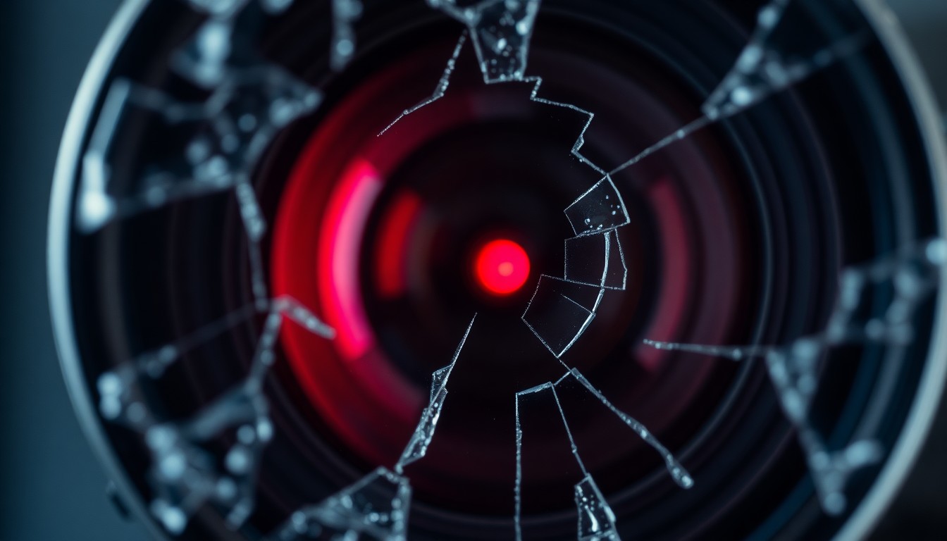 An extreme close-up photograph of a shattered camera lens, the glass fractured and reflecting a faint red light, conceptually illustrating the violence experienced by a photographer caught in the crossfire of a protest.