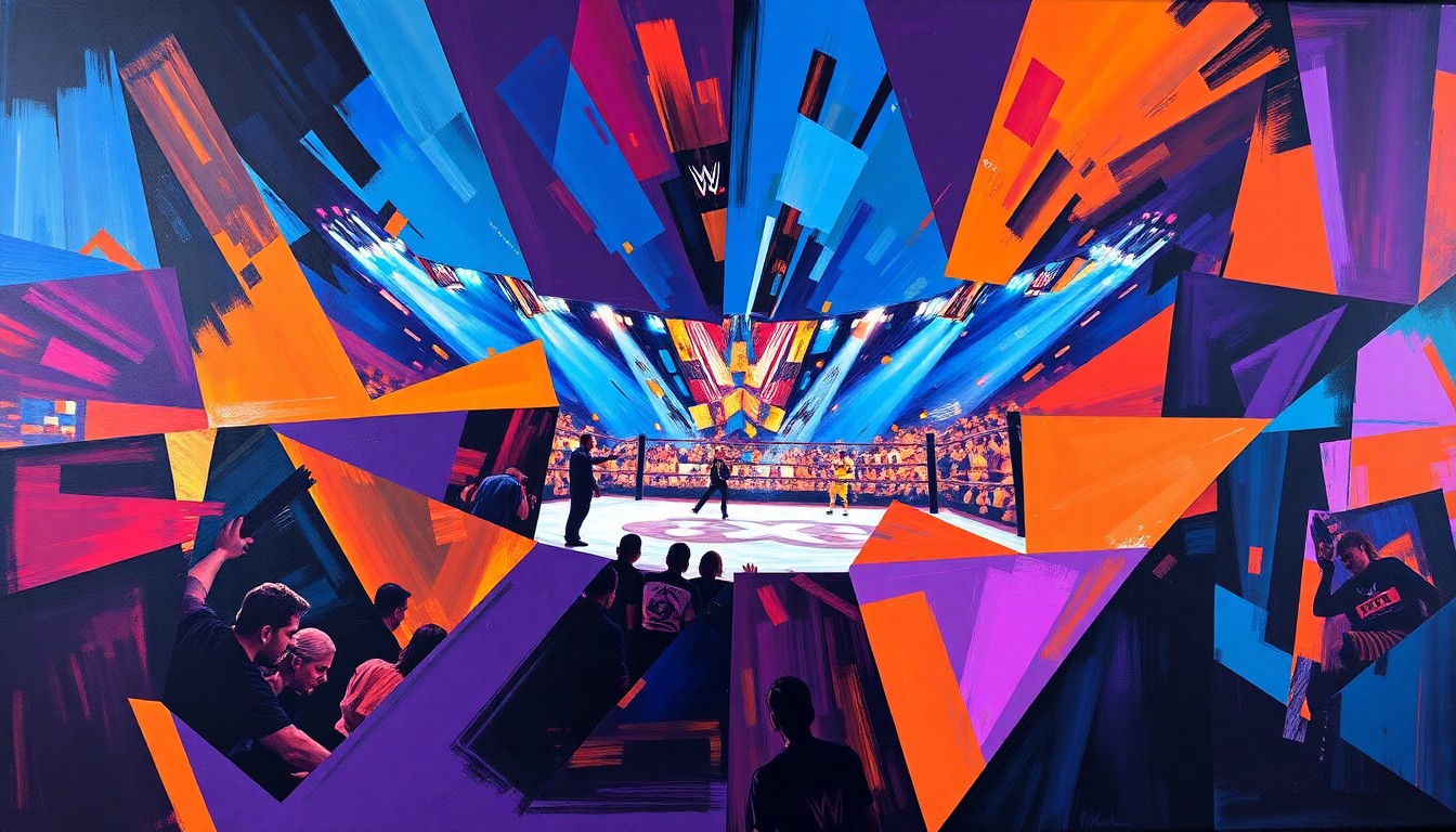 A fragmented, geometric painting in bold colors depicting the dynamic action of a WWE NXT match or competition, with sharp planes and overlapping perspectives conveying the intensity of the event.