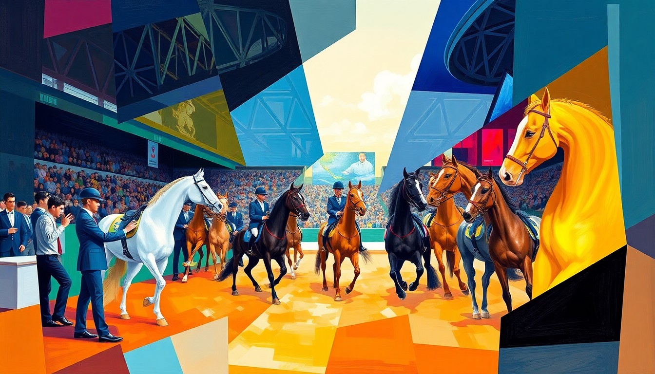 A fractured, cubist-style painting depicting the horse inspection and dressage competition at the 2026 FEI Dressage World Cup™ Final, with sharp geometric planes in vibrant colors representing the athletes, horses, and arena.