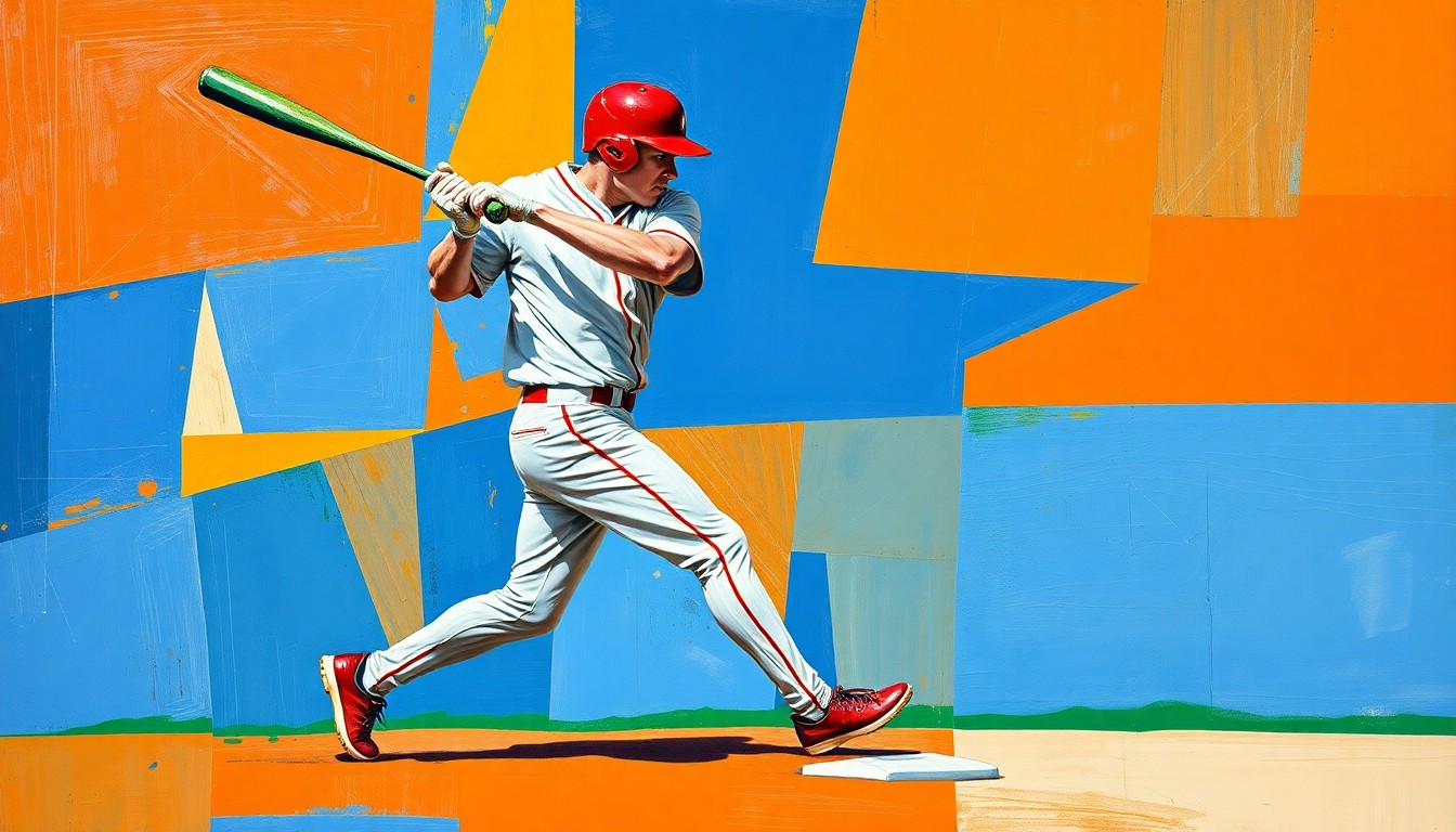 A fragmented, geometric painting depicting a baseball player's batting and base-running motions, rendered in a vibrant cubist style that captures the dynamic action of the game.