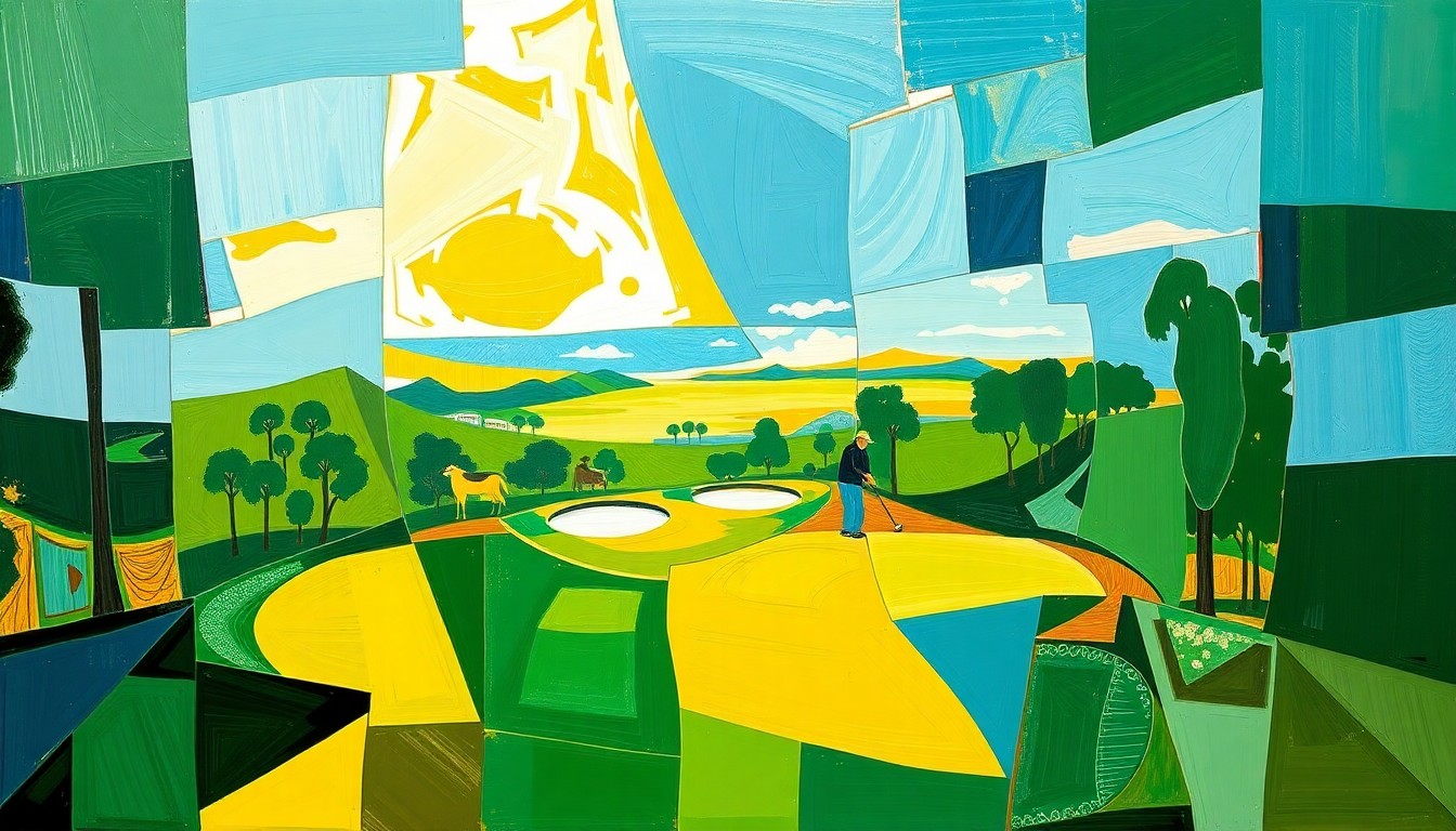 A fragmented, geometric painting depicting a golf tournament, with sharp planes of emerald green, sky blue, and golden yellow.