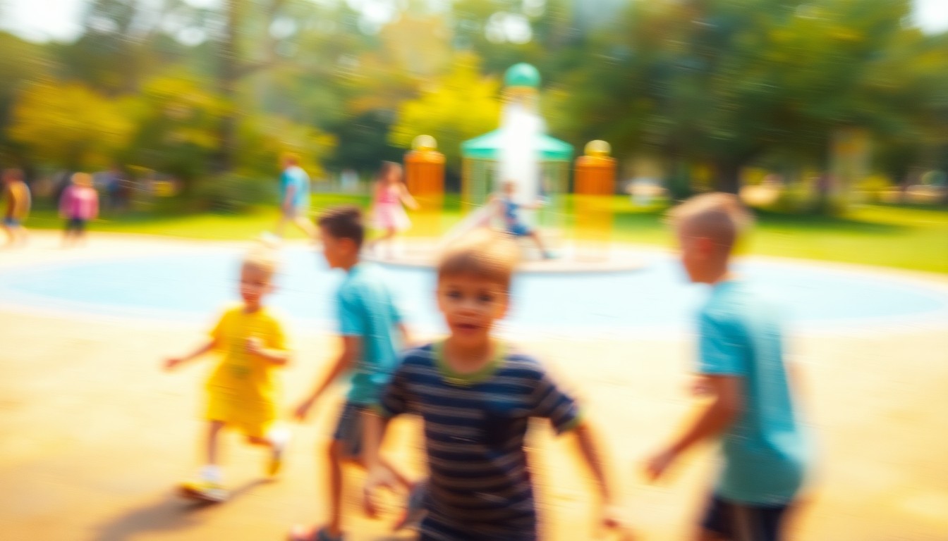 An extremely abstracted, out-of-focus photograph of children playing outdoors, with soft pools of warm, natural light and color creating a blurred, dreamlike scene.