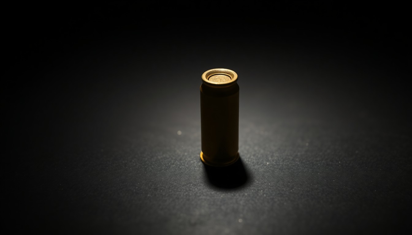 An extreme close-up photograph of a single spent shell casing on a dark surface, lit by a harsh, direct camera flash, conceptually representing the aftermath of a shooting incident.