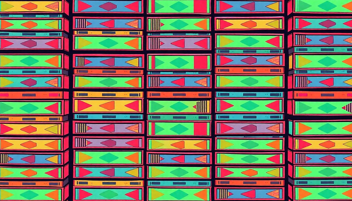 A visually striking, abstract composition of brightly colored, geometric shapes and patterns representing a stack of library books, conveying the creative energy and community focus of the Timberland Regional Library system.