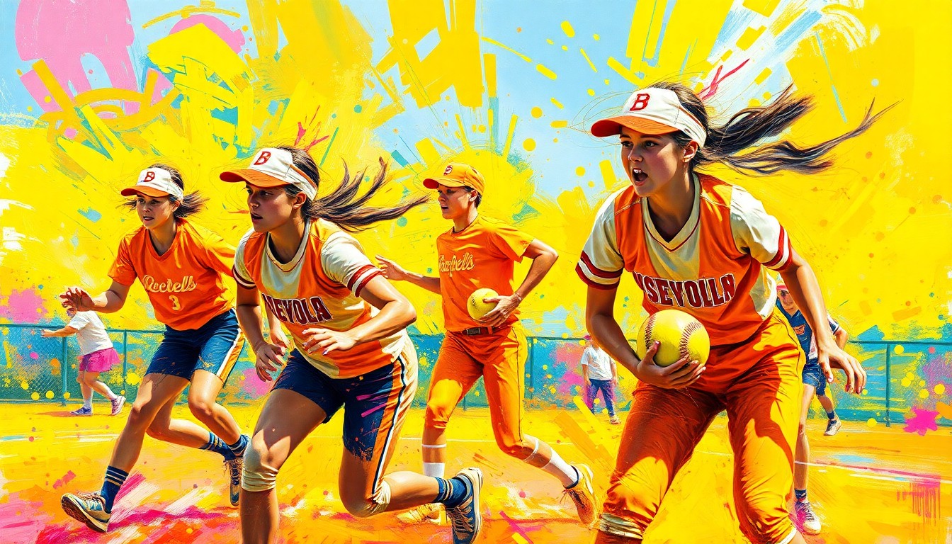 An abstract, energetic painting in bright, neon colors capturing the raw motion and competitive spirit of a high school softball game.