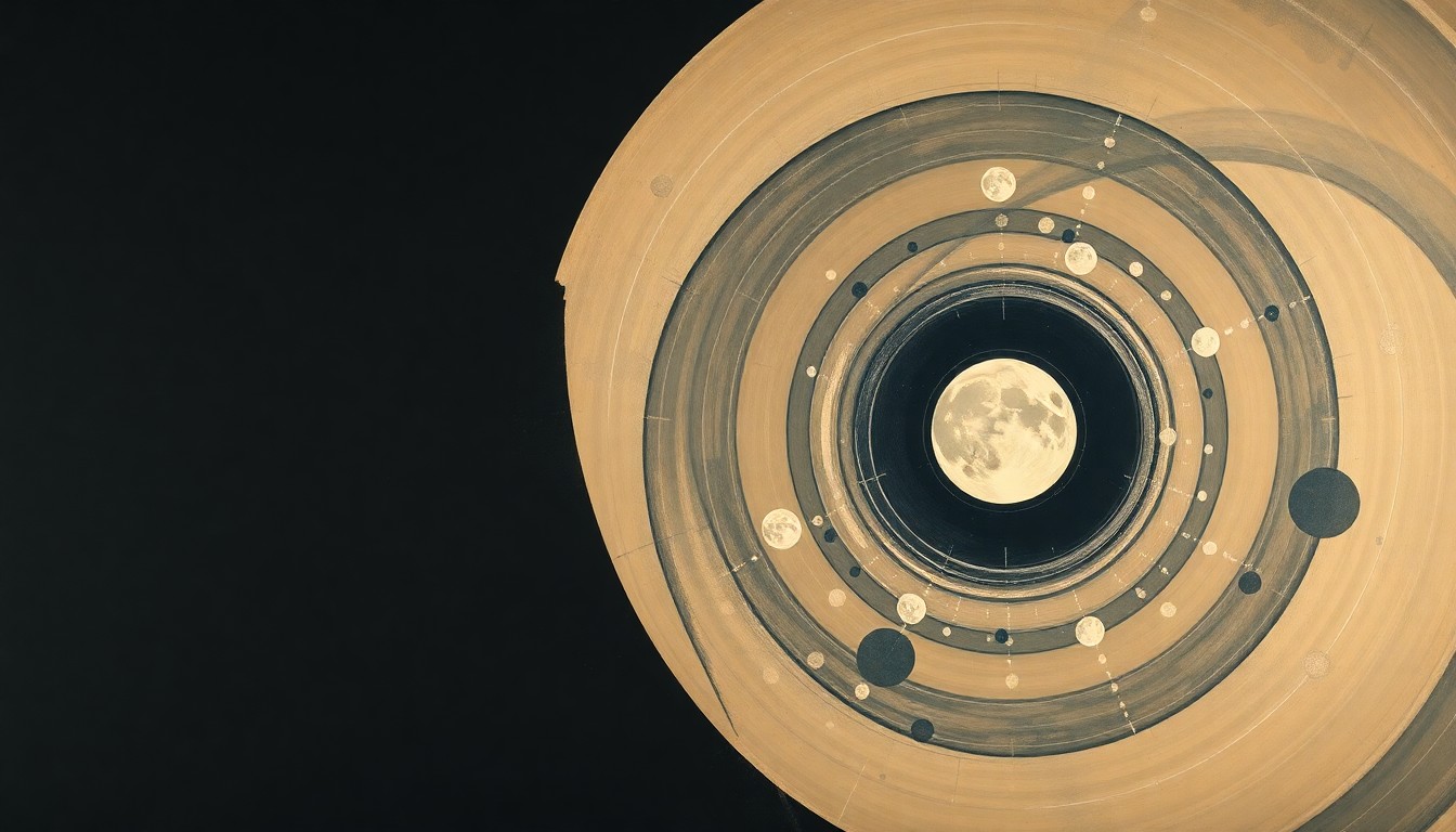 A vibrant abstract painting in earthy tones, featuring sweeping geometric arcs and concentric planetary circles, representing the Artemis II spacecraft's journey around the Moon.