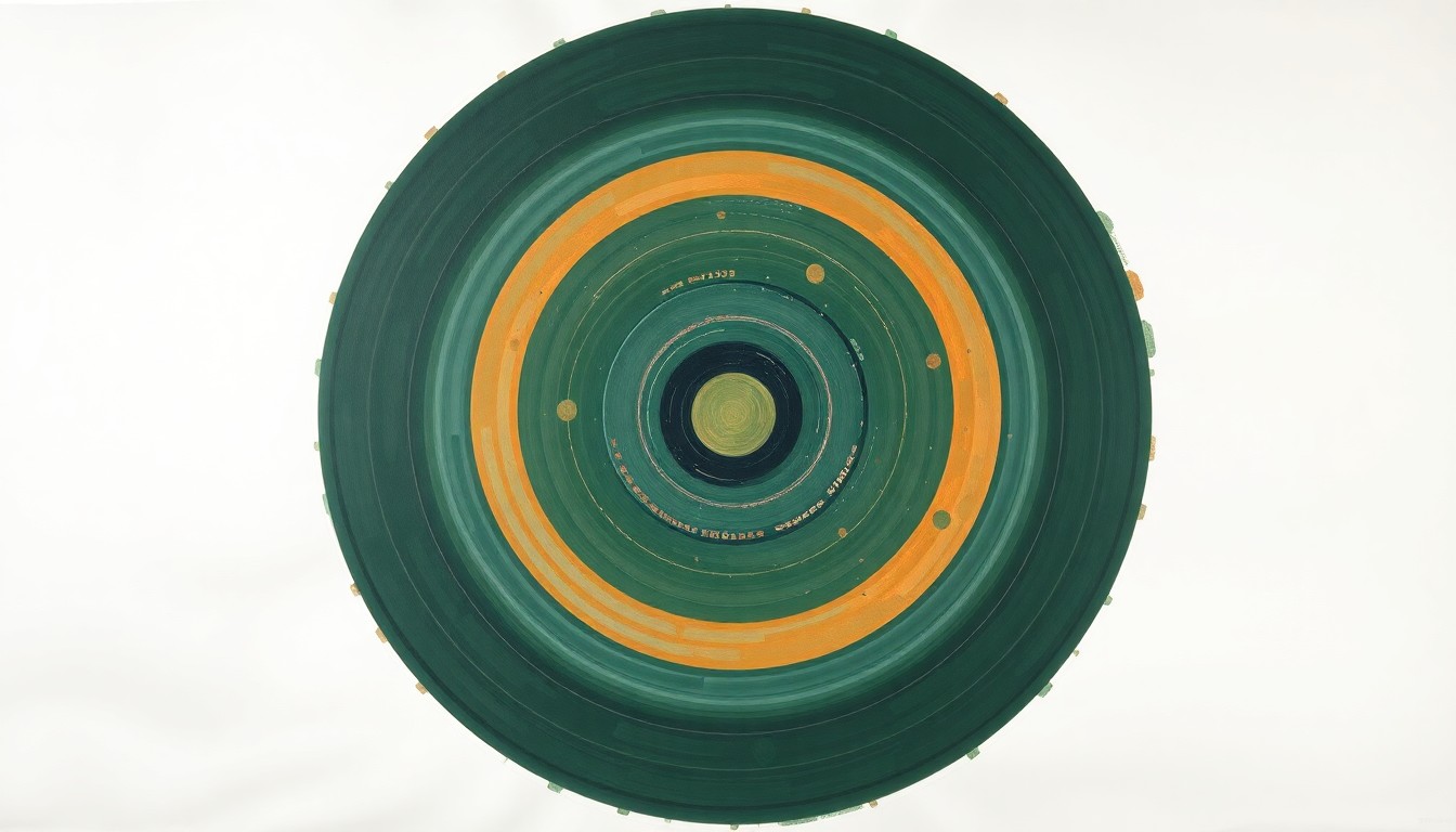 A bold, abstract painting in earthy tones of green, blue, and orange, featuring sweeping geometric arcs, concentric circles, and precise spirals, conceptually representing the complex forces and concepts behind the Artemis space program.