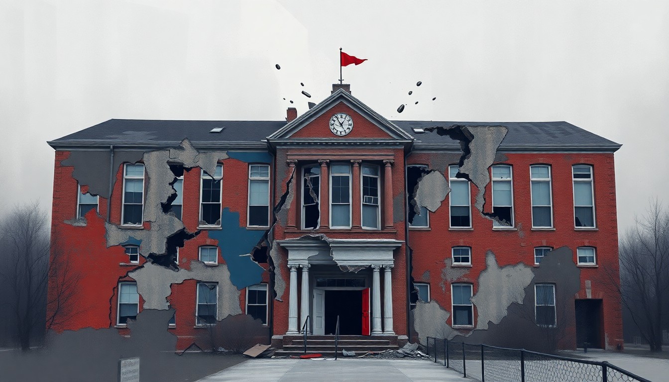 A fragmented, abstract painting depicting a decaying school building in shades of grey, blue, and red, conveying a sense of instability and the clash between oversight and political influence in the charter school system.