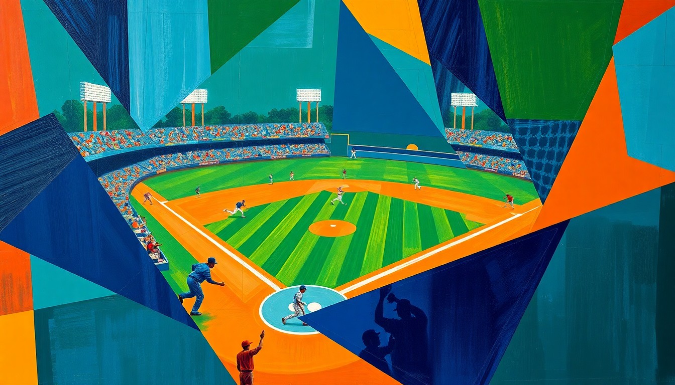 A cubist, geometric painting depicting a baseball game in progress, with the players and field broken down into sharp, overlapping shapes in a vibrant color palette, capturing the dynamic energy of the sport.