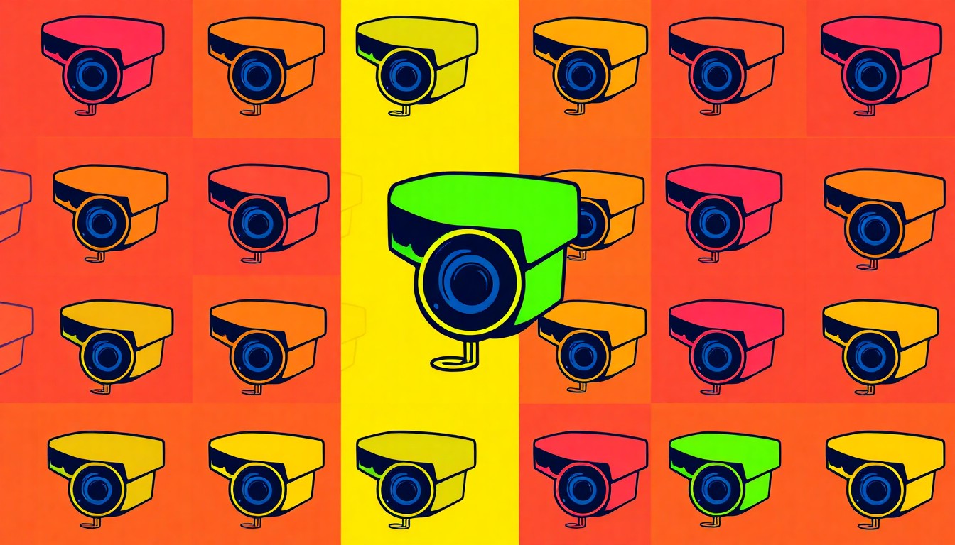 A brightly colored, abstract silkscreen-style illustration featuring a repeating grid of stylized community security cameras, conveying the technological and collaborative approach to addressing challenges in the Dutchtown neighborhood.