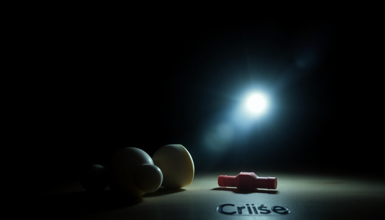 An extreme close-up photograph of a small, worn teddy bear against a pitch-black background, dramatically lit by a harsh camera flash to create a stark, gritty, investigative aesthetic.