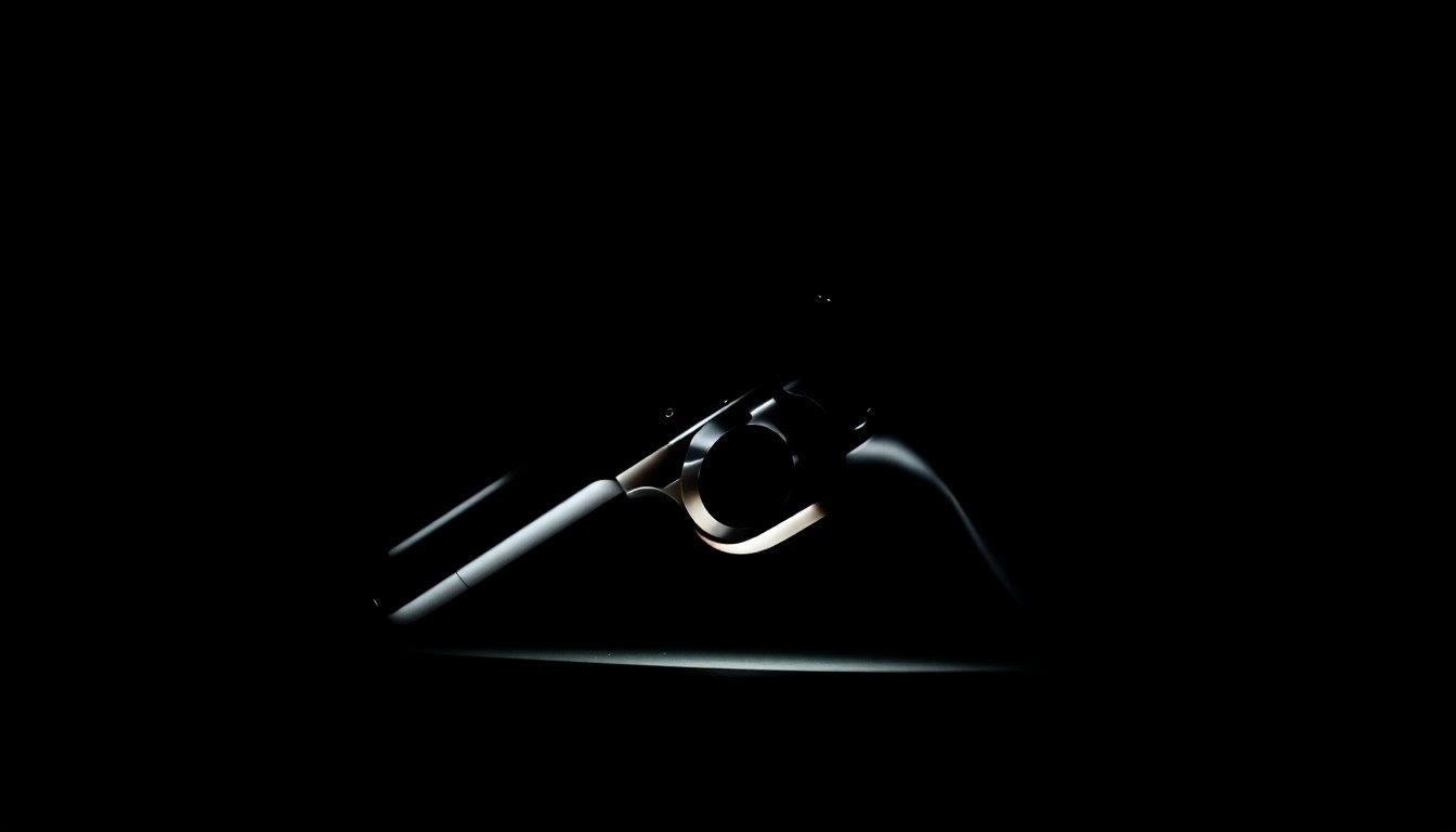 An extreme close-up photograph of a handgun or other firearm-related evidence, lit by a harsh, direct camera flash against a pitch-black background, creating a stark, gritty, investigative aesthetic.