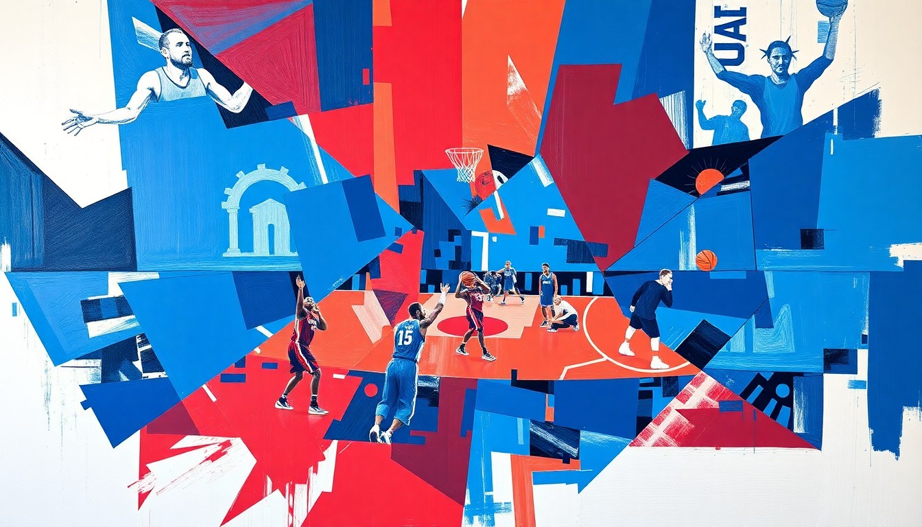 A cubist, geometric painting depicting a basketball game, with the players and court broken down into sharp, overlapping planes of blue, red, and white, capturing the dynamic energy of the sport.