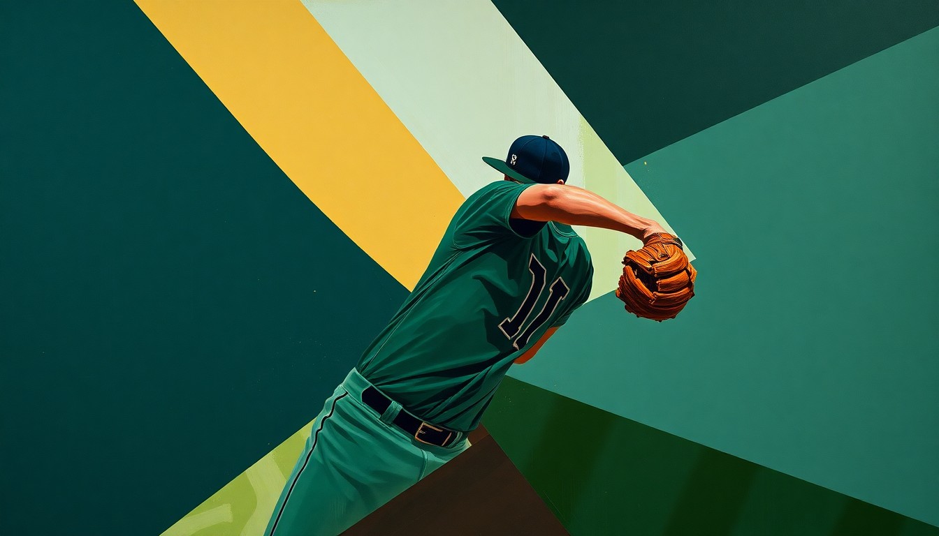 A fragmented, cubist-style painting depicting the various angles and movements of a baseball pitcher's delivery, rendered in a muted color palette of navy, forest green, and burnt sienna, conveying the disruption and uncertainty caused by the Astros' star pitcher's injury.